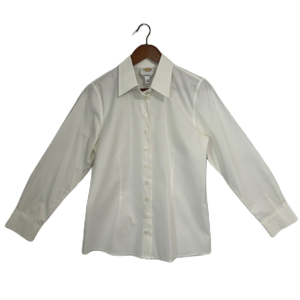Talbots Button Up Blouse Women 10 Ivory Cotton Wrinkle Resist Office Career VTG